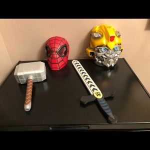 Spiderman mask and bumblebee mask.